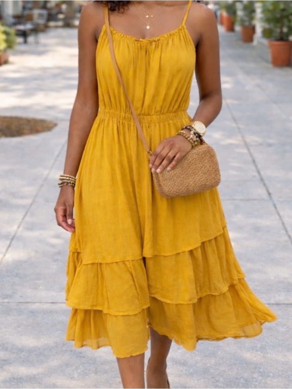 Evereve Yellow Tiered Midi Dress Elastic Waist Sleeveless Size Small